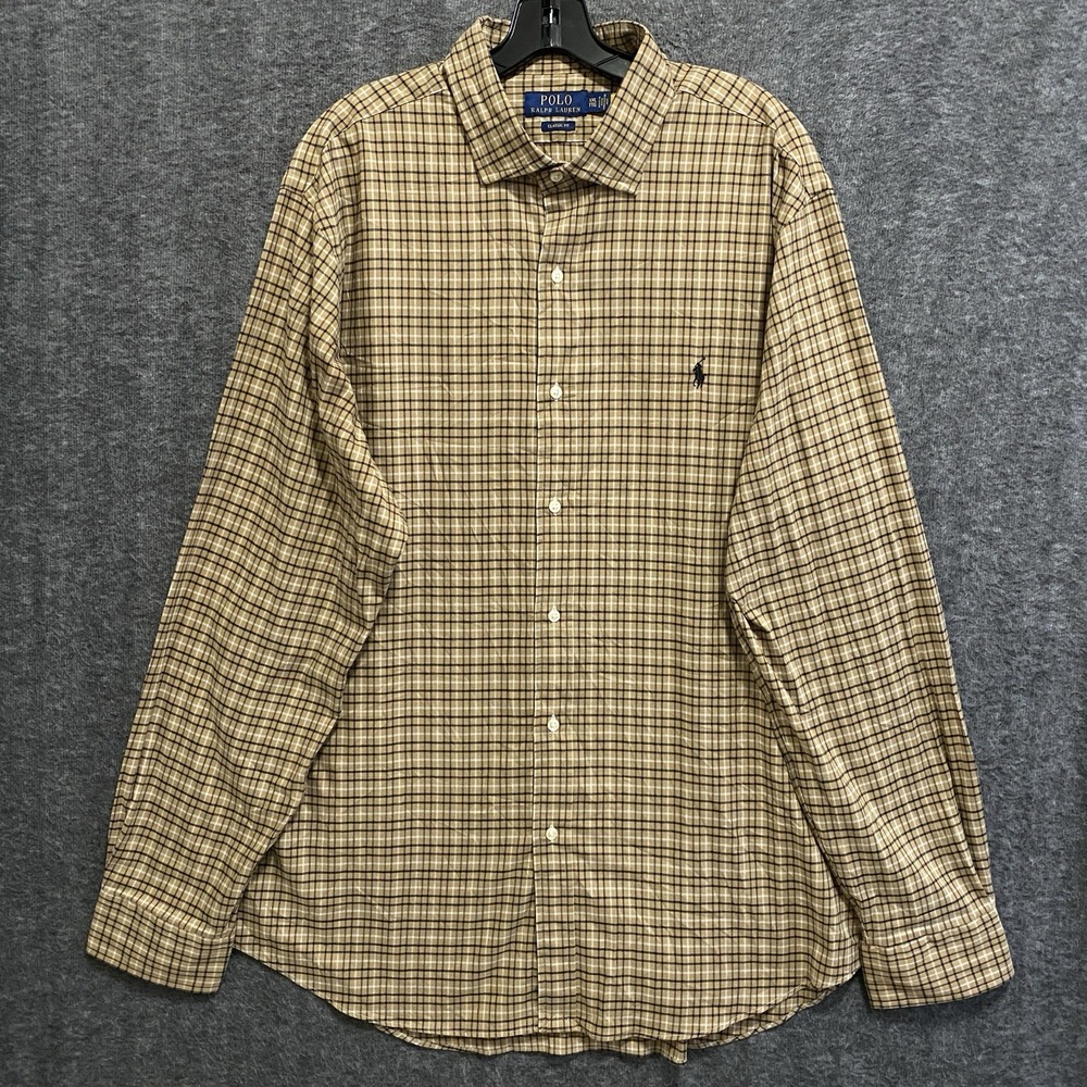 Polo Ralph Lauren Classic Fit Button Down Shirt Mens XXL Beige Plaid Office‎
